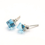 Silver 925 Earrings with Swarovski Cube 4mm Aquamarine Crystals