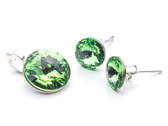 Komplet srebrny 925 kolczyki + wisiorek z kryształami Swarovski Rivoli 8/12mm Peridot