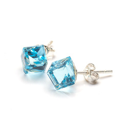 Srebrne Kolczyki 925 Swarovski Cube 6mm Aquamarine